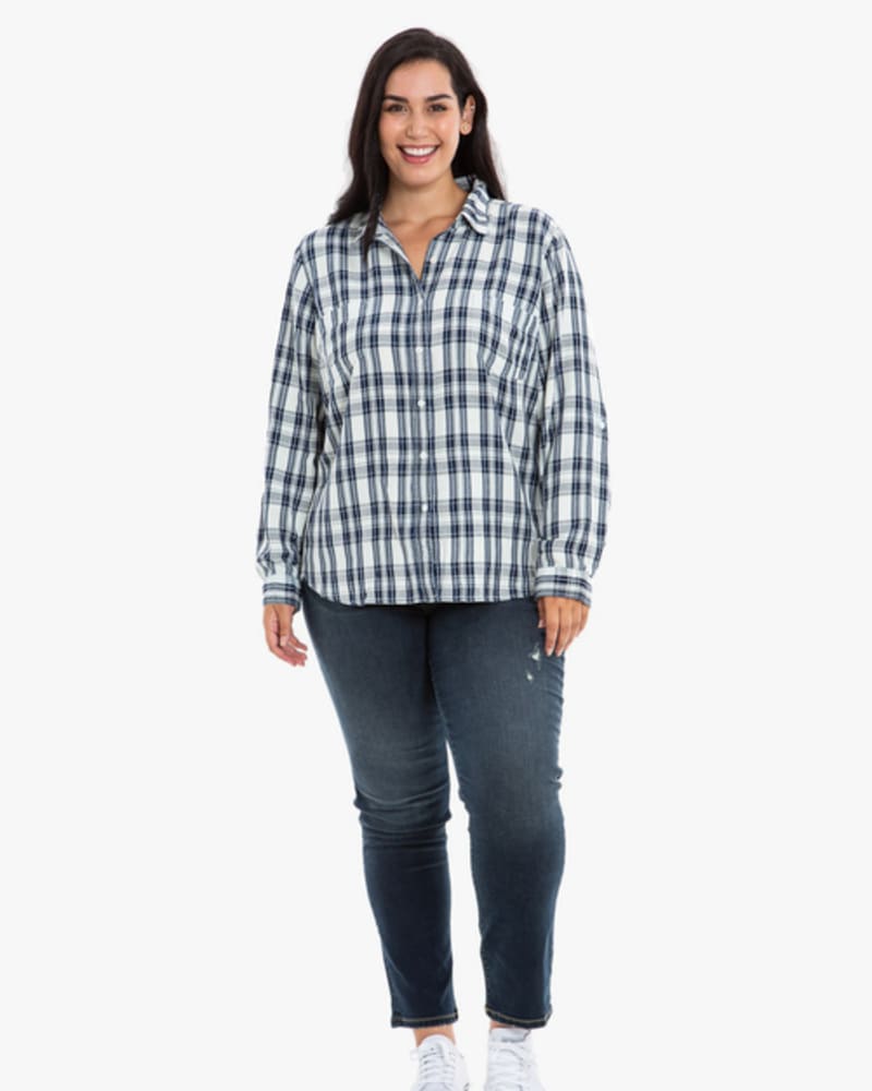 Front of a model wearing a size 0 Makena Plaid Western Shirt in WHITE by Slink Jeans. | dia_product_style_image_id:256254